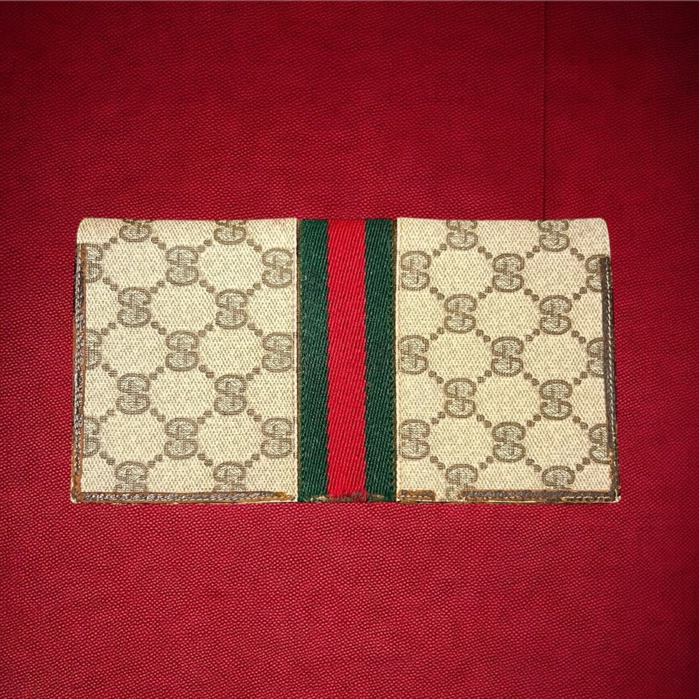 70’s Gucci Red & Green Stripe on Beige Gucci Logo Coated Canvas & Brown Leather - Picture 3 of 14